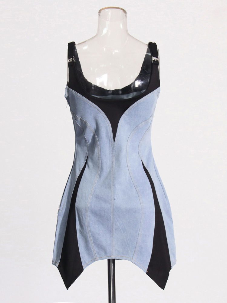 TWOTWINSTYLE Hit Color Patchwork Denim Fashion Mini Dress