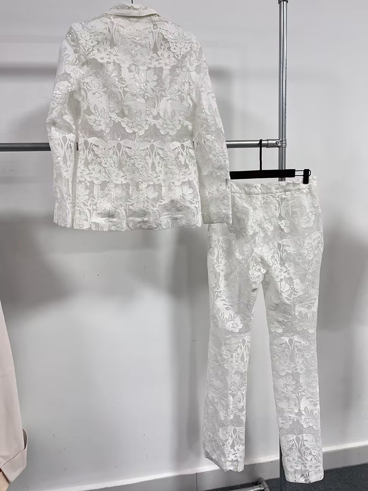 TWOTWINSTYLE Lapel Spliced Sequins Coat High Waist Patchwork Mesh Chic Set