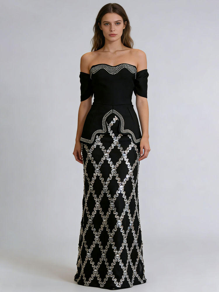 TWOTWINSTYLE Off Shoulder High Waist Spliced Diamond Fashion Dress