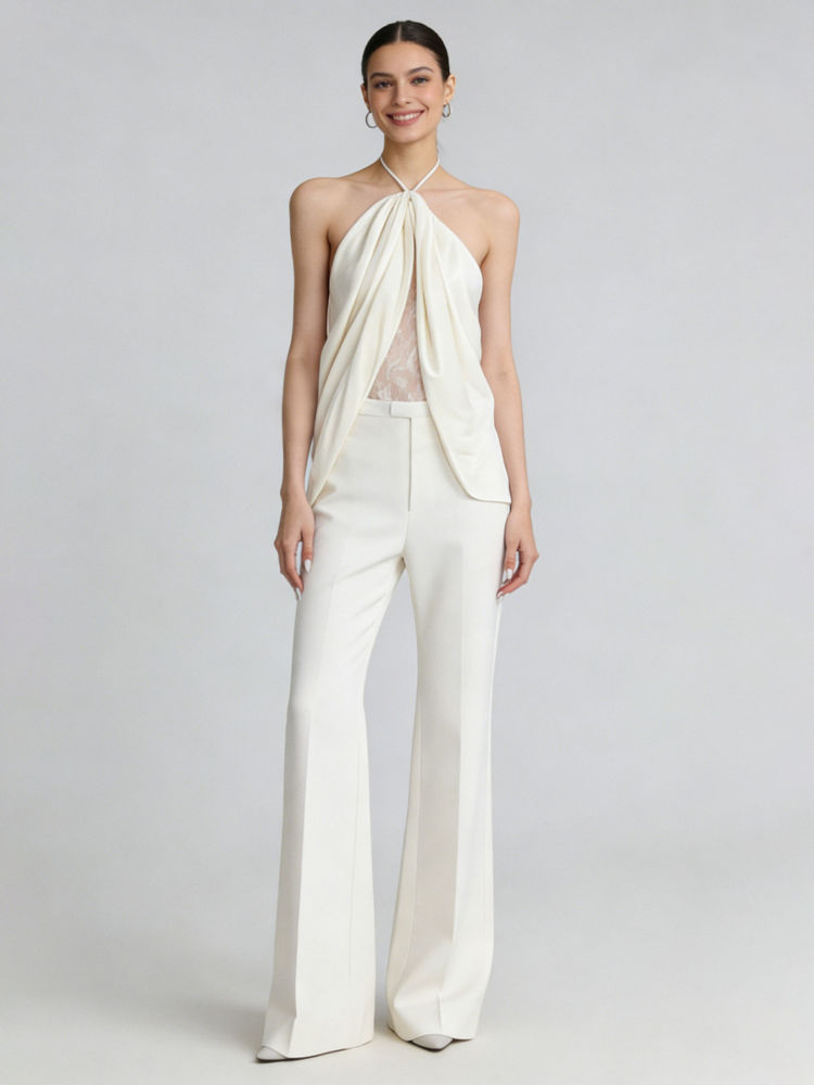 TWOTWINSTYLE Off Shoulder Spliced Lace Vest High Waist Pants Fashion Set