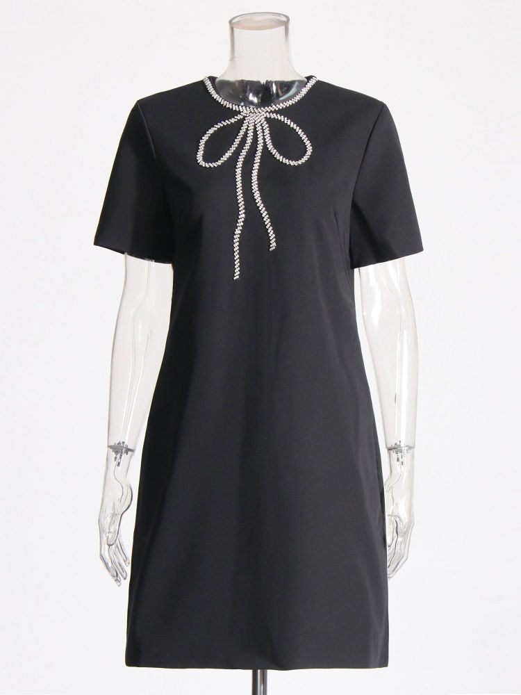 TWOTWINSTYLE Round Neck Patchwork Diamond Solid Dress