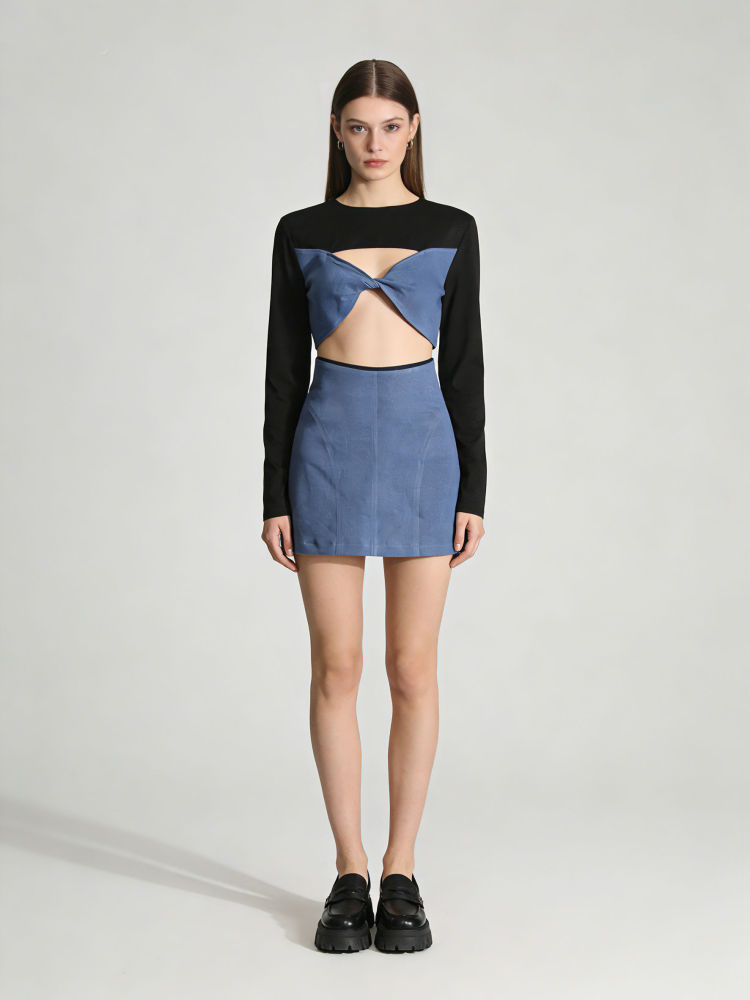 TWOTWINSTYLE Round Neck Spliced Denim Crop Top High Waist Skirt Fashion Set