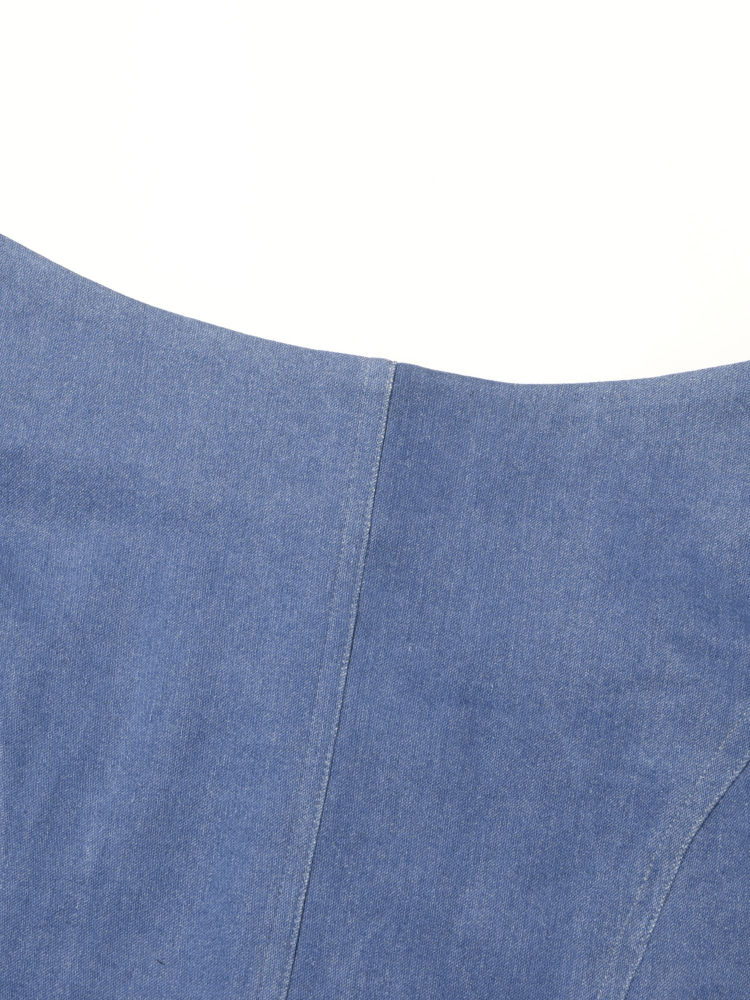 TWOTWINSTYLE Round Neck Spliced Denim Crop Top High Waist Skirt Fashion Set