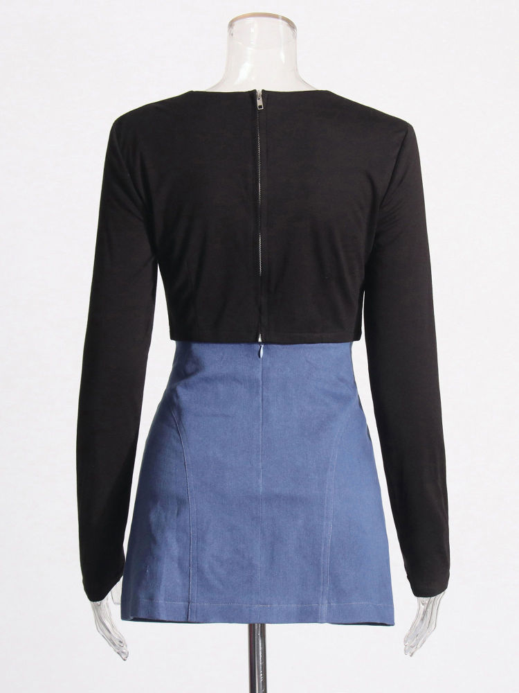 TWOTWINSTYLE Round Neck Spliced Denim Crop Top High Waist Skirt Fashion Set