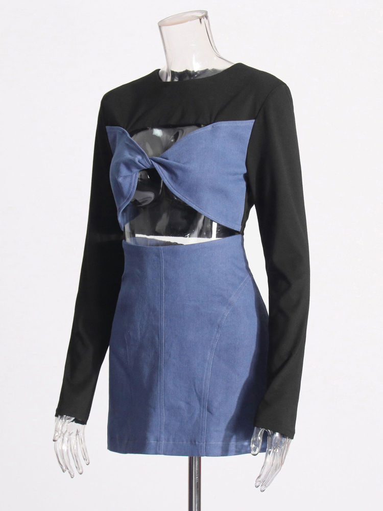 TWOTWINSTYLE Round Neck Spliced Denim Crop Top High Waist Skirt Fashion Set