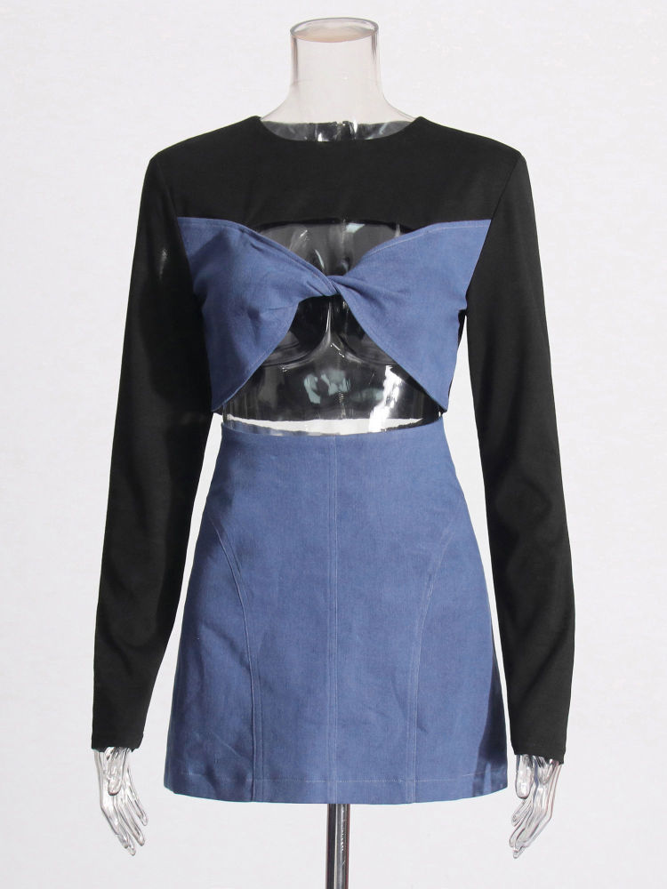 TWOTWINSTYLE Round Neck Spliced Denim Crop Top High Waist Skirt Fashion Set