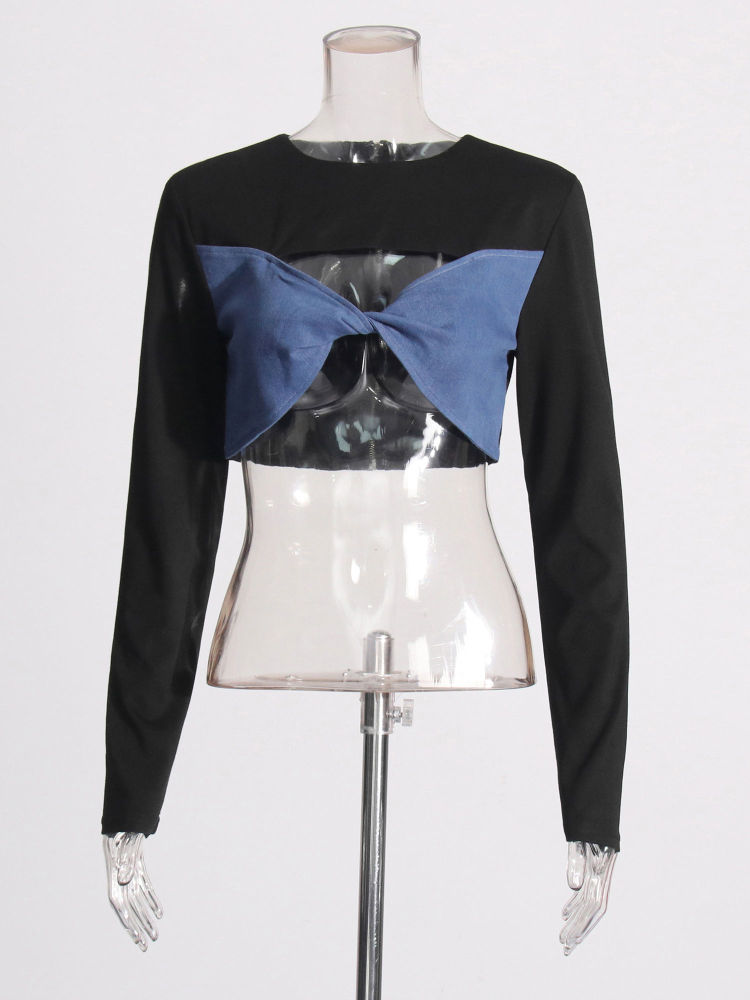 TWOTWINSTYLE Round Neck Spliced Denim Crop Top High Waist Skirt Fashion Set