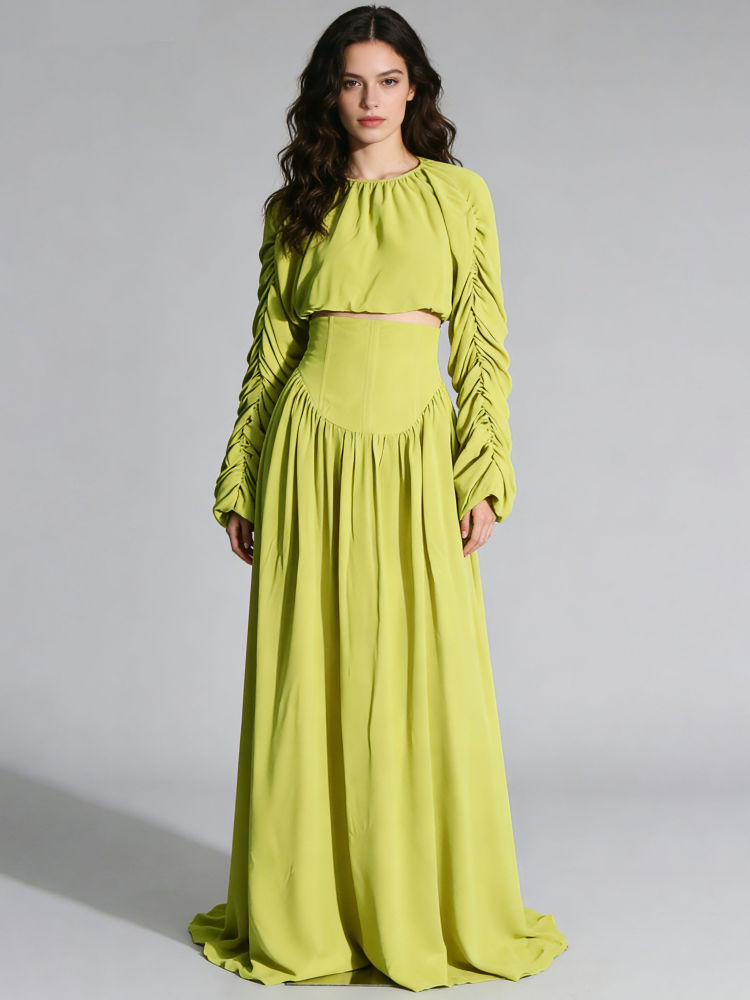 TWOTWINSTYLE Round Neck Spliced Pleated Top High Waist Skirt Sexy Set