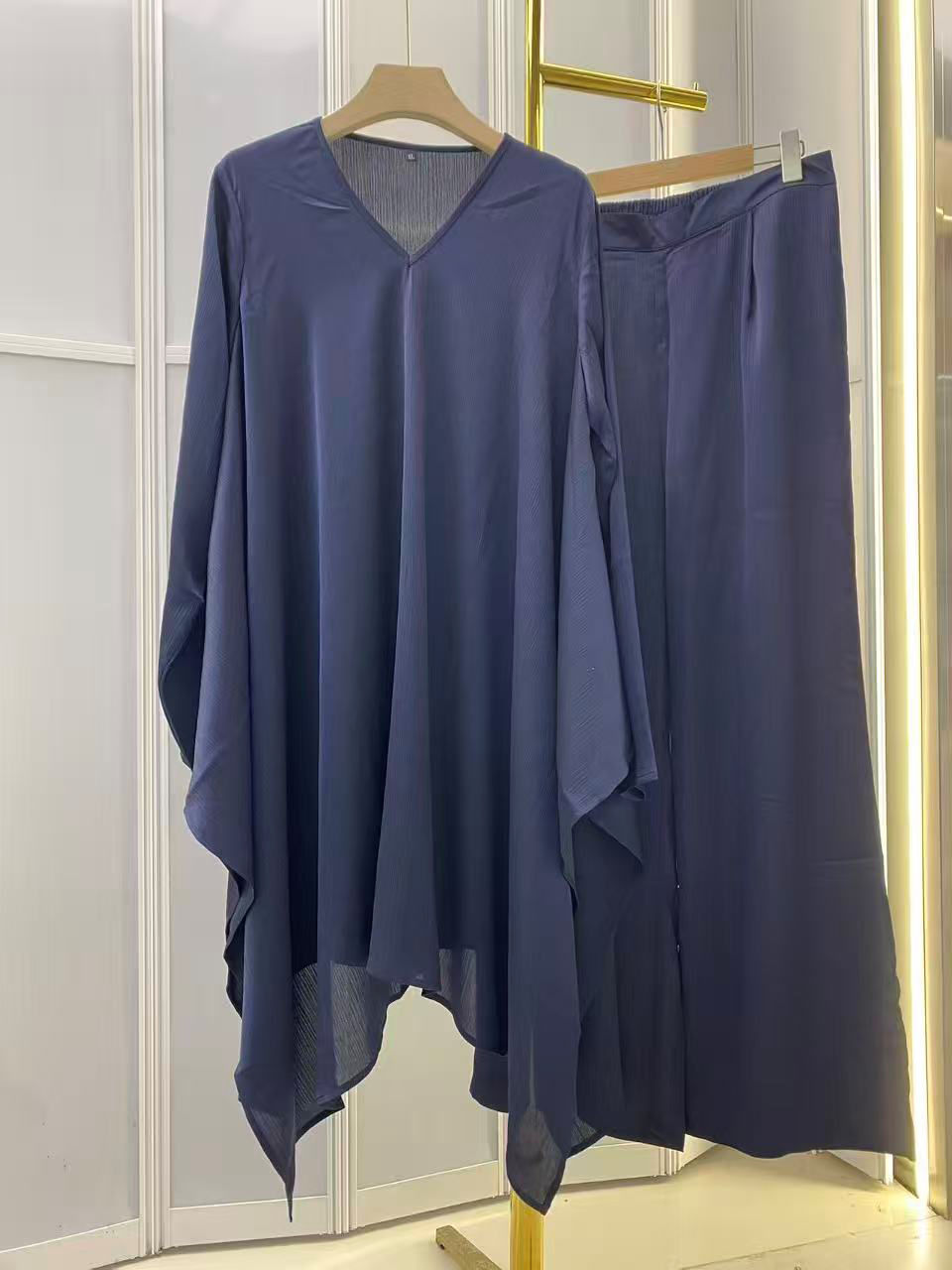 TWOTWINSTYLE V Neck Long Sleeve Irregular Hem Loose Pants Vintage Set