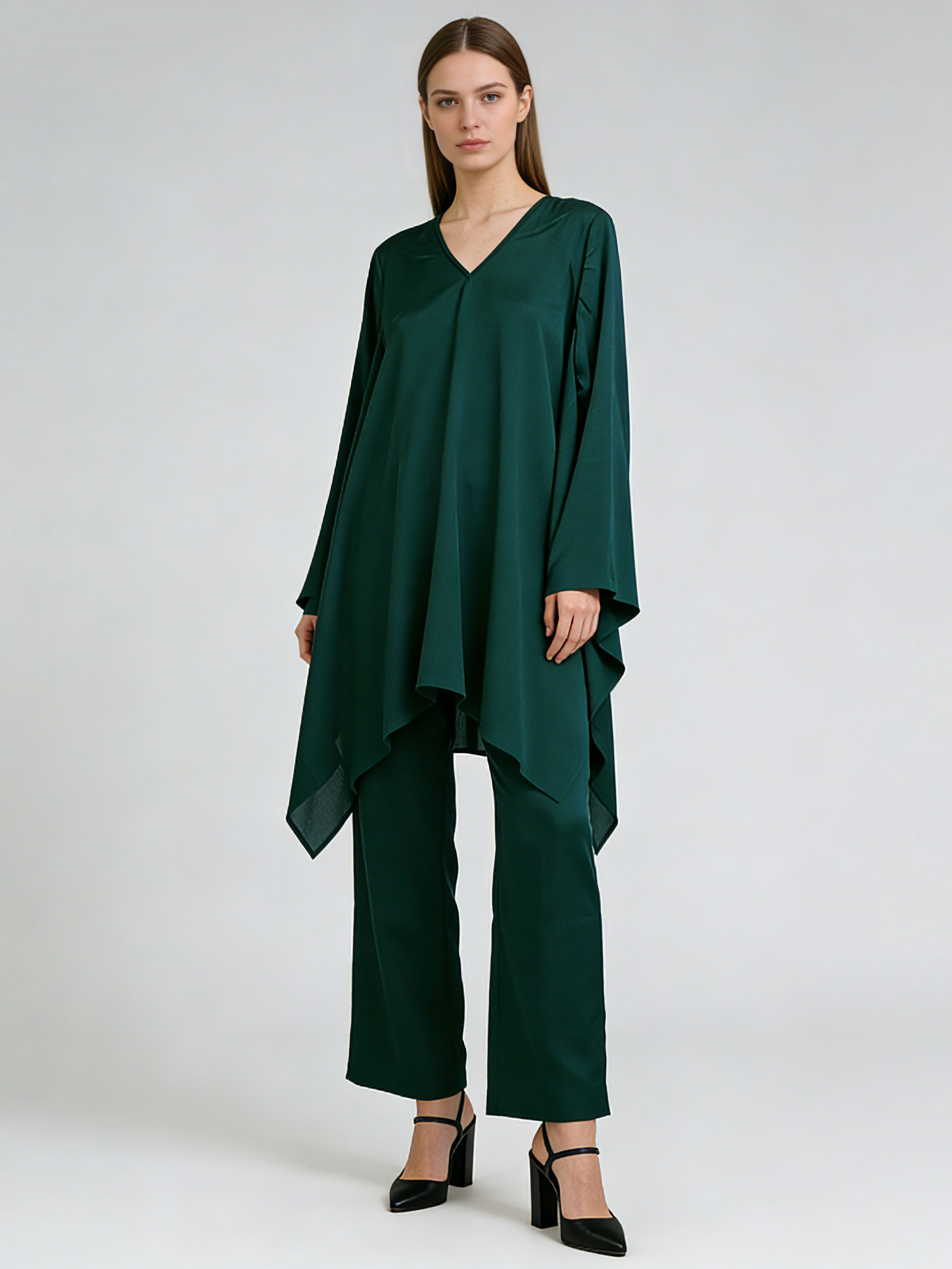TWOTWINSTYLE V Neck Long Sleeve Irregular Hem Loose Pants Vintage Set