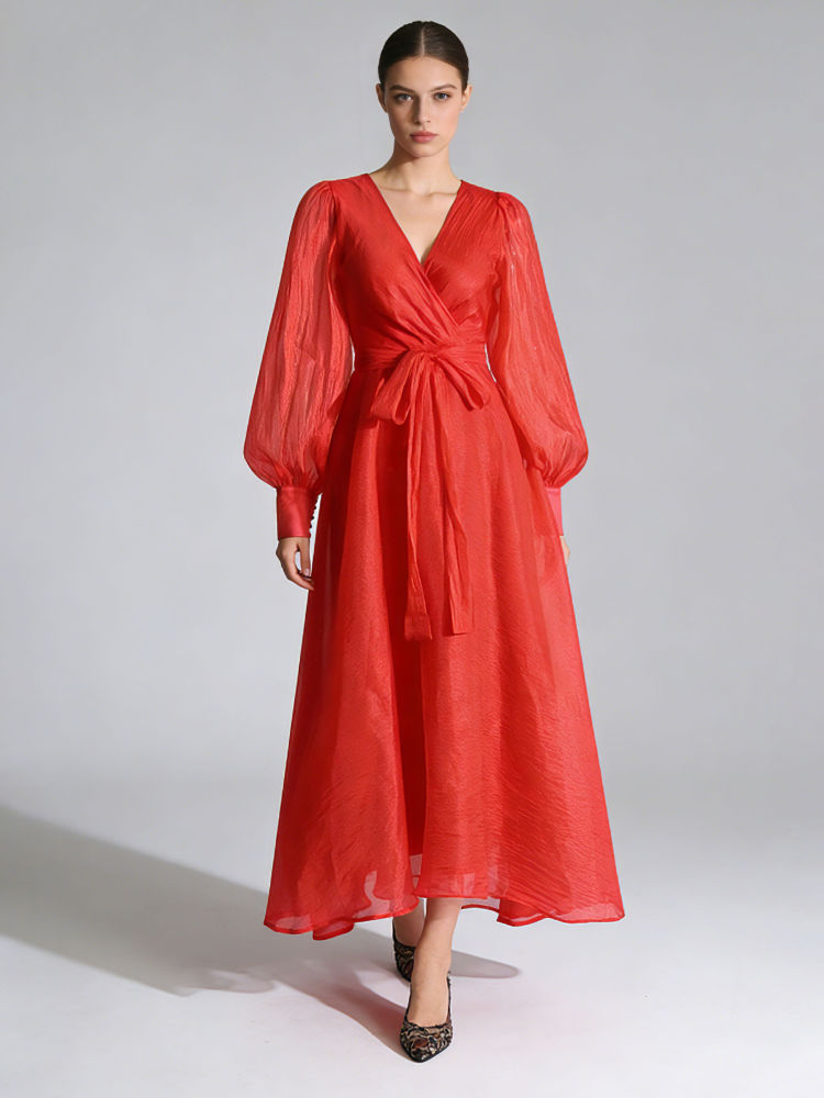 TWOTWINSTYLE V Neck Long Sleeve Spliced Lace Up Vintage Dress