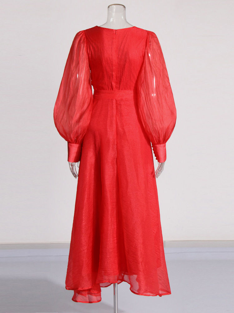 TWOTWINSTYLE V Neck Long Sleeve Spliced Lace Up Vintage Dress