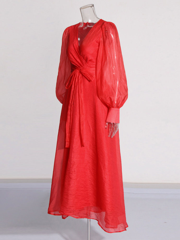 TWOTWINSTYLE V Neck Long Sleeve Spliced Lace Up Vintage Dress