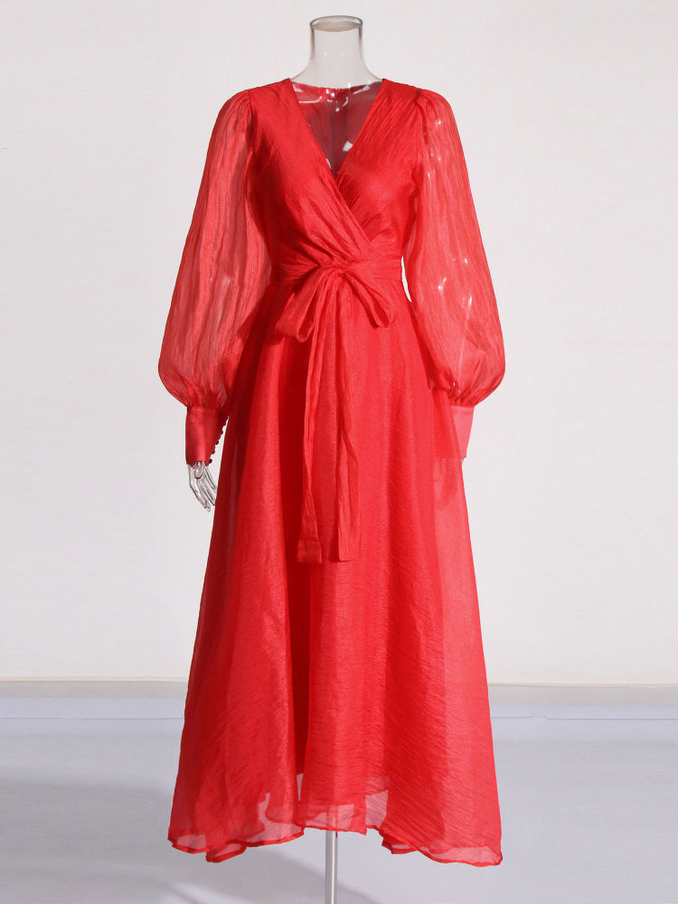 TWOTWINSTYLE V Neck Long Sleeve Spliced Lace Up Vintage Dress