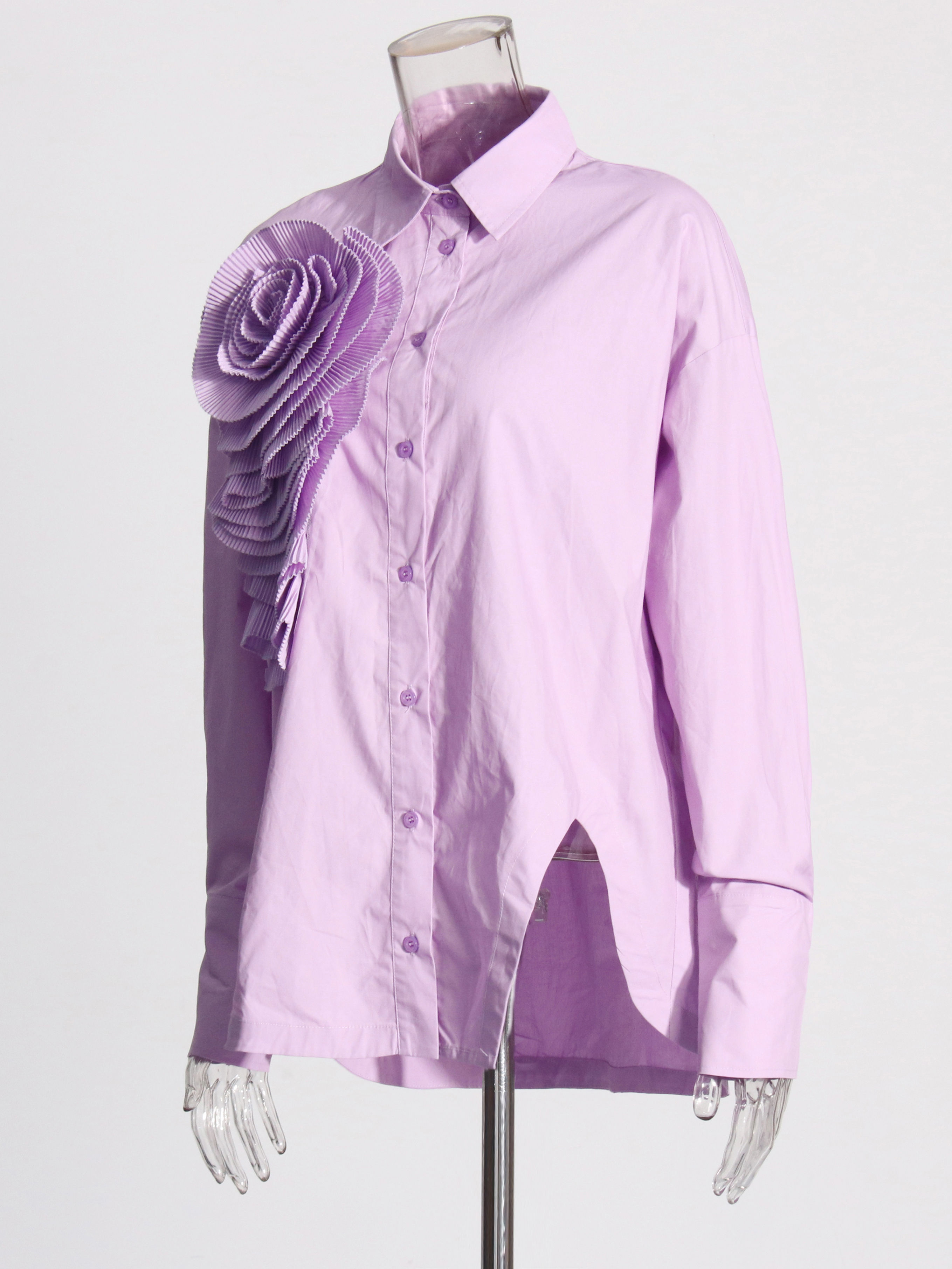 TWOTWINSTYLE Lapel Irregular Hem Spliced 3D Flower Casual Shirt