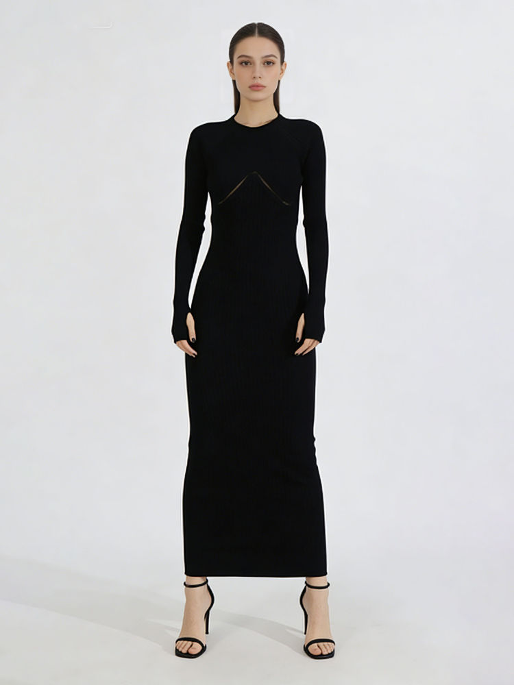 TWOTWINSTYLE Round Neck Hollow Out Slimming Solid Dress