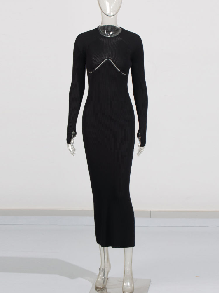 TWOTWINSTYLE Round Neck Hollow Out Slimming Solid Dress
