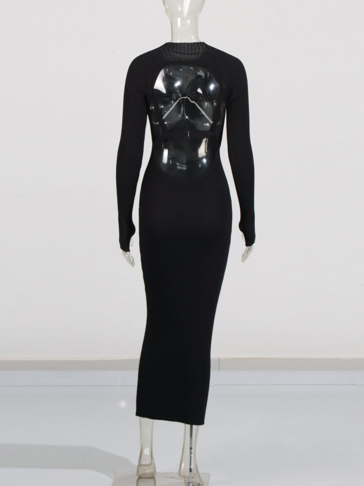 TWOTWINSTYLE Round Neck Hollow Out Slimming Solid Dress