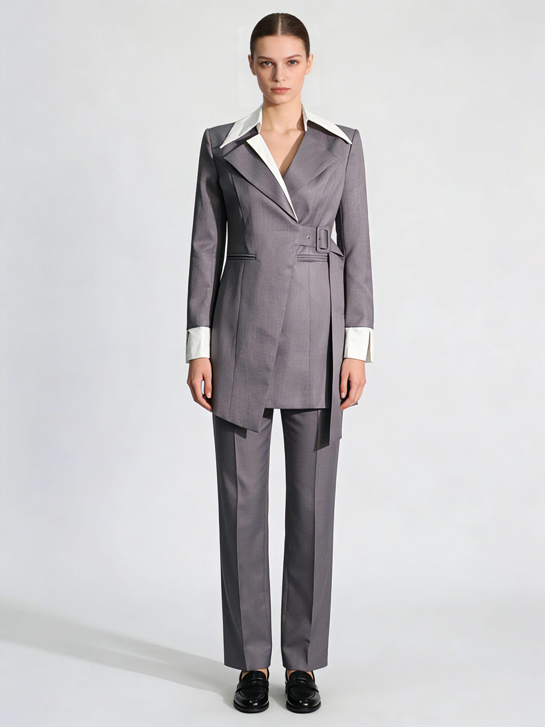TWOTWINSTYLE Solid Lapel Spliced Belt Tunic Temperament Coat