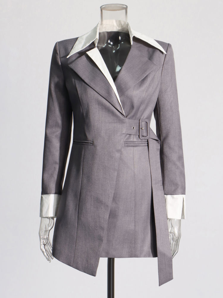 TWOTWINSTYLE Solid Lapel Spliced Belt Tunic Temperament Coat