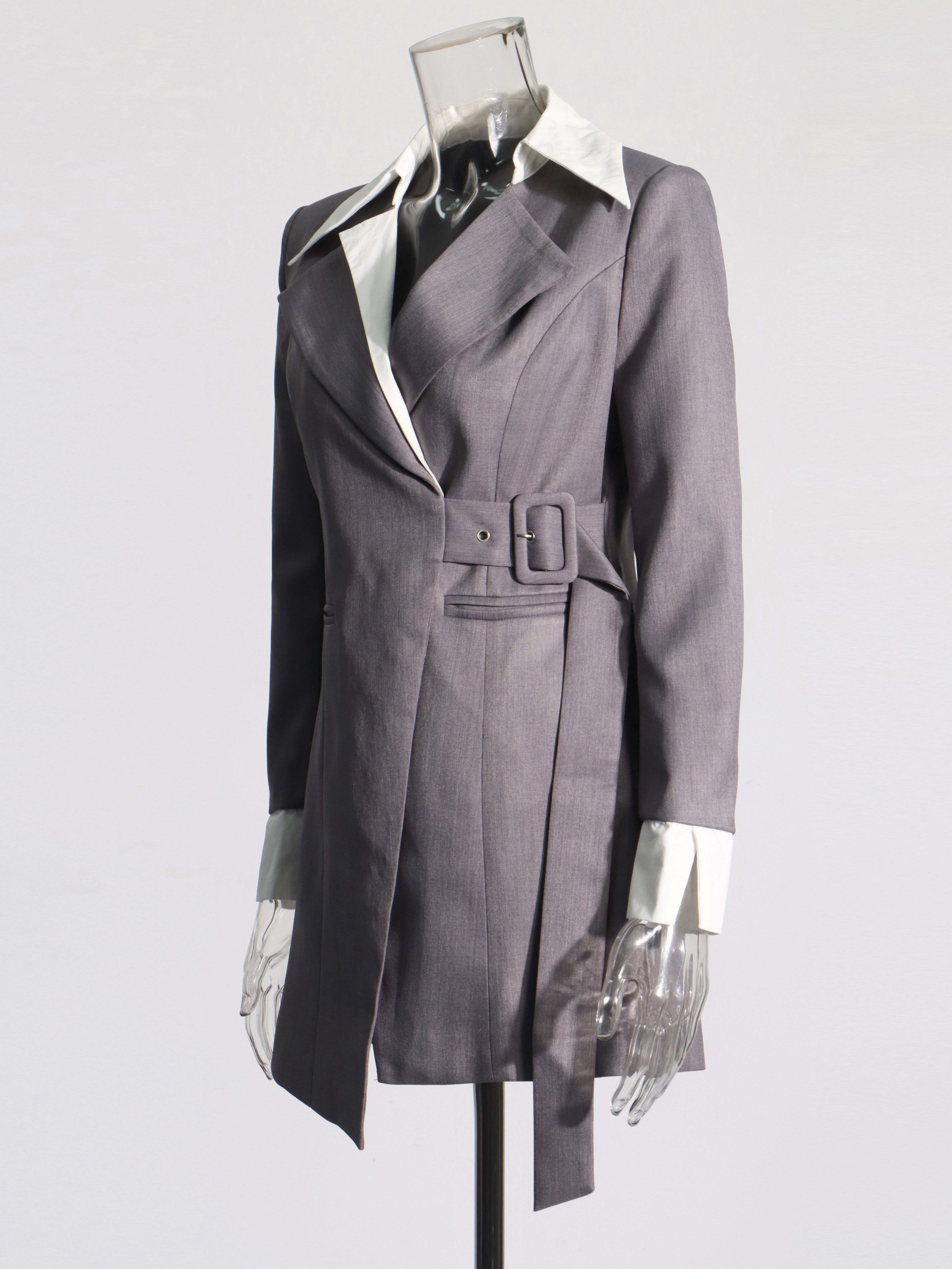 TWOTWINSTYLE Solid Lapel Spliced Belt Tunic Temperament Coat
