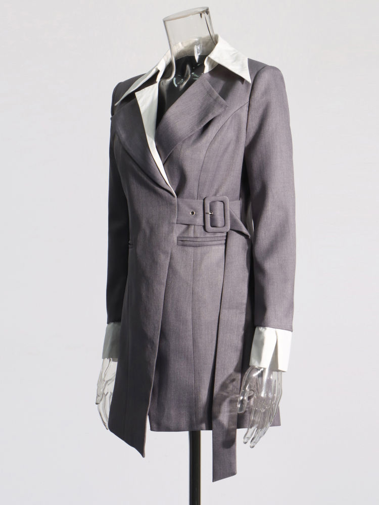 TWOTWINSTYLE Solid Lapel Spliced Belt Tunic Temperament Coat