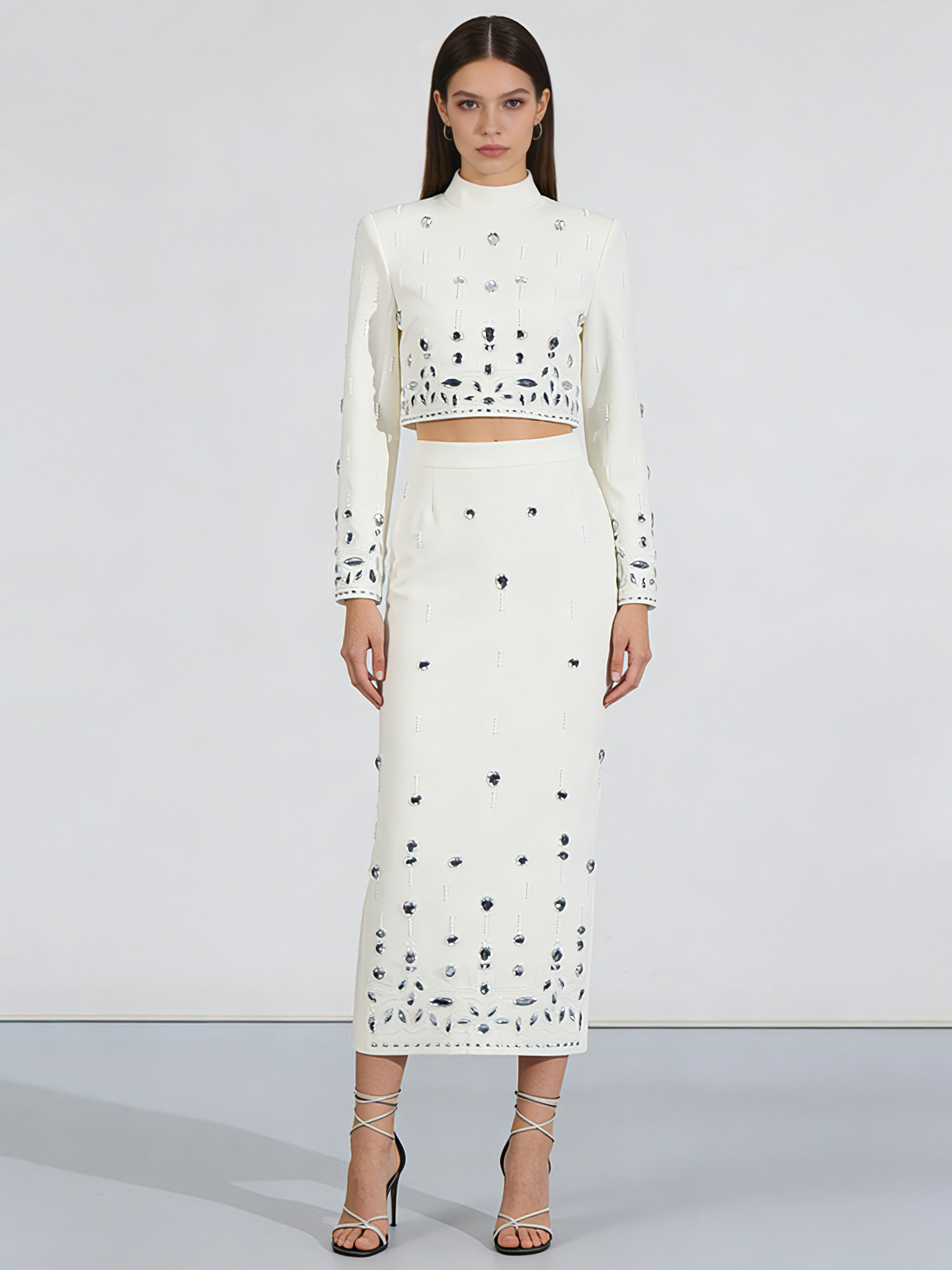 TWOTWINSTYLE Solid Spliced Diamond Crop Top High Waist Skirt Chic Set
