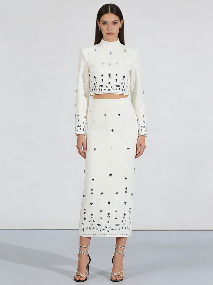 TWOTWINSTYLE Solid Spliced Diamond Crop Top High Waist Skirt Chic Set