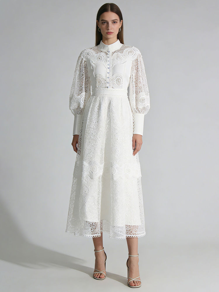 TWOTWINSTYLE Stand Collar Patchwork Lace High Waist Fashion Dress