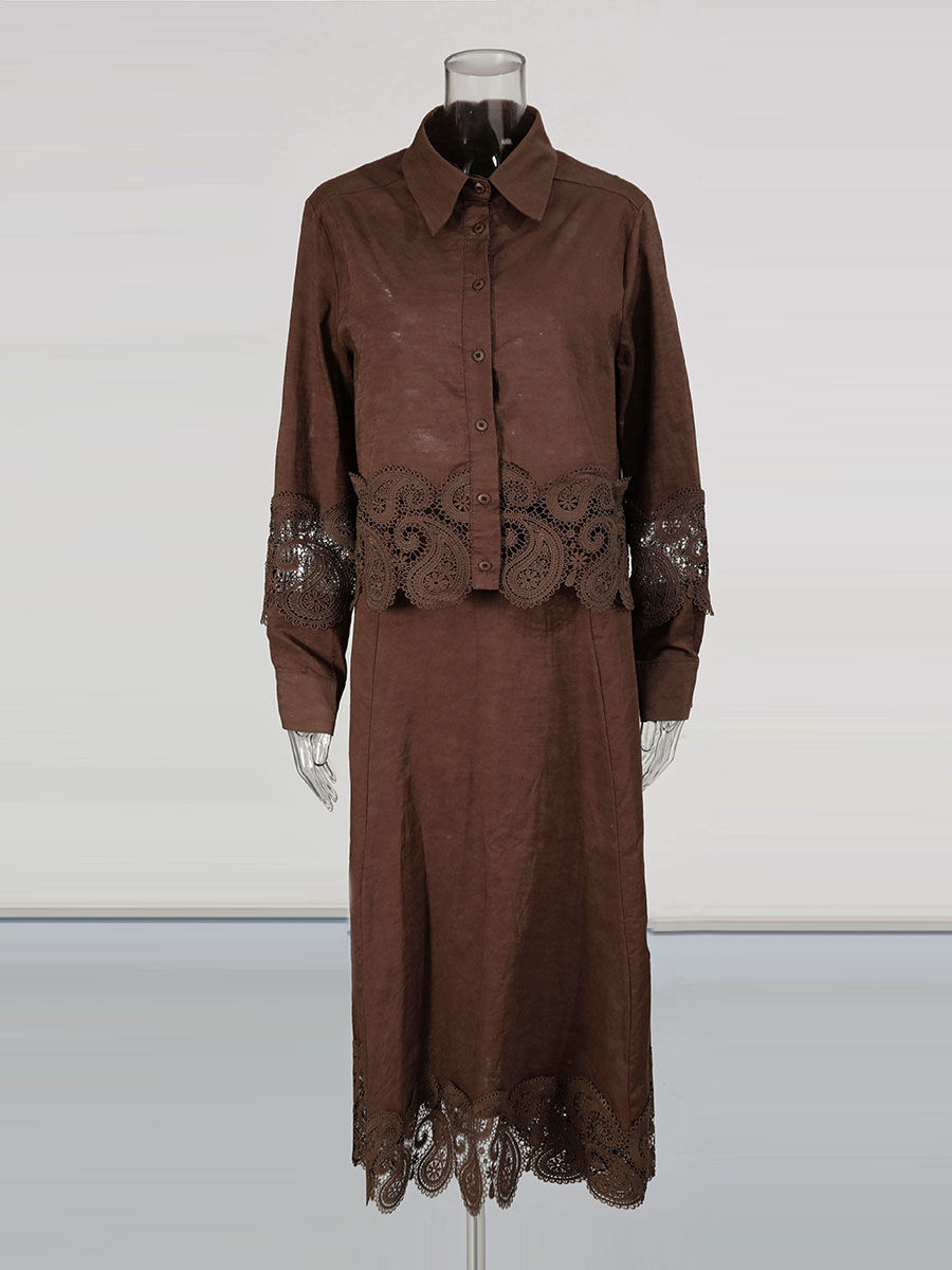 TWOTWINSTYLE Lapel Patchwork Lace Coat High Waist Skirt Vintage Set