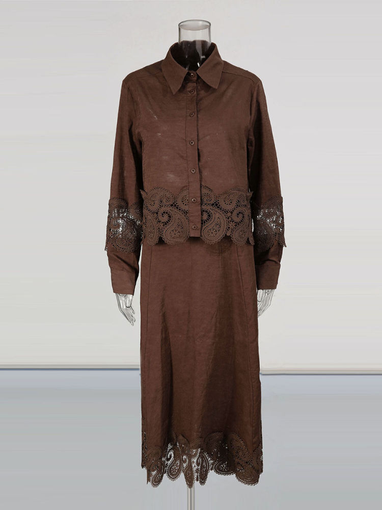 TWOTWINSTYLE Lapel Patchwork Lace Coat High Waist Skirt Vintage Set