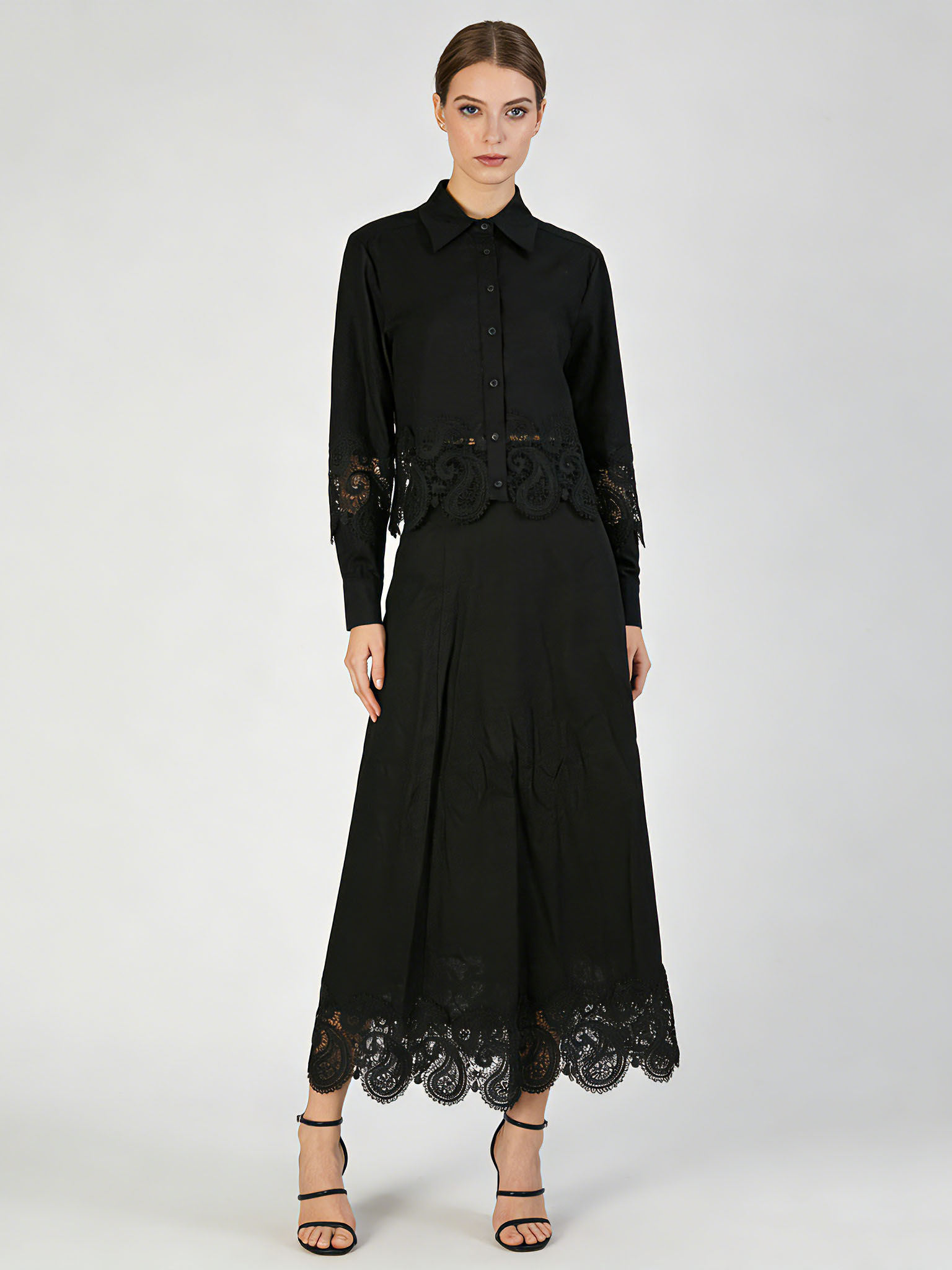 TWOTWINSTYLE Lapel Patchwork Lace Coat High Waist Skirt Vintage Set