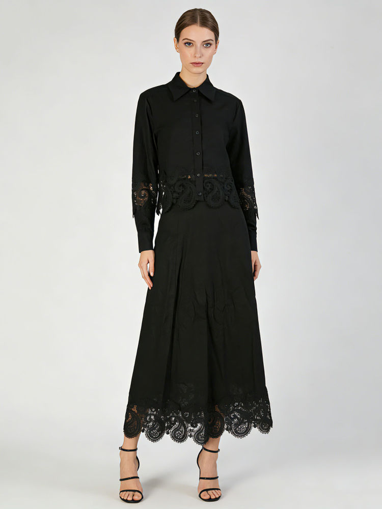 TWOTWINSTYLE Lapel Patchwork Lace Coat High Waist Skirt Vintage Set