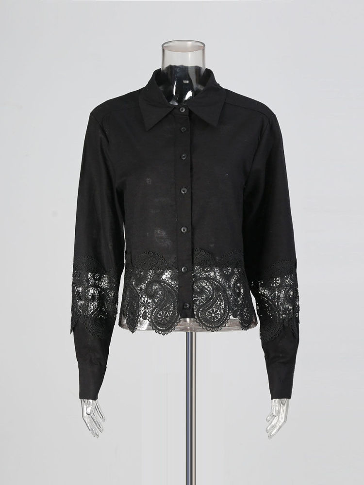 TWOTWINSTYLE Lapel Patchwork Lace Coat High Waist Skirt Vintage Set