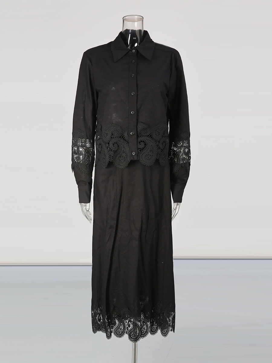 TWOTWINSTYLE Lapel Patchwork Lace Coat High Waist Skirt Vintage Set