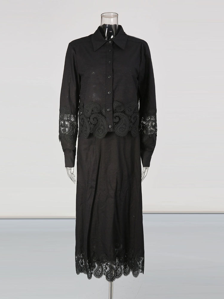 TWOTWINSTYLE Lapel Patchwork Lace Coat High Waist Skirt Vintage Set