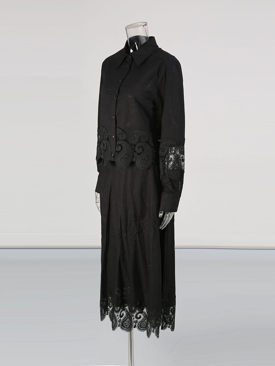 TWOTWINSTYLE Lapel Patchwork Lace Coat High Waist Skirt Vintage Set