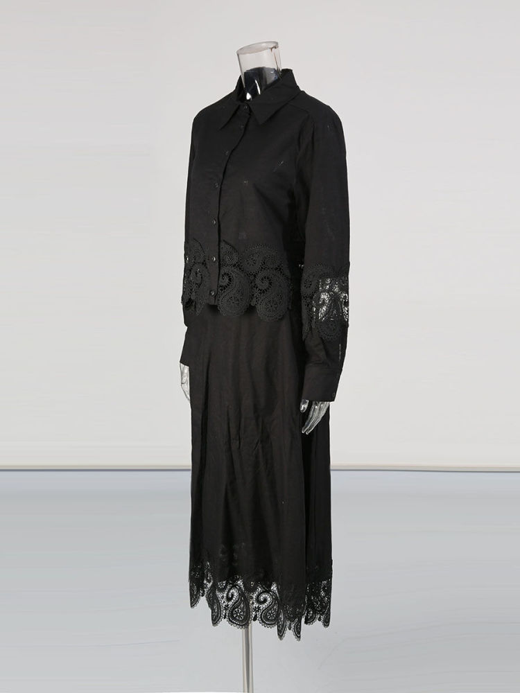 TWOTWINSTYLE Lapel Patchwork Lace Coat High Waist Skirt Vintage Set