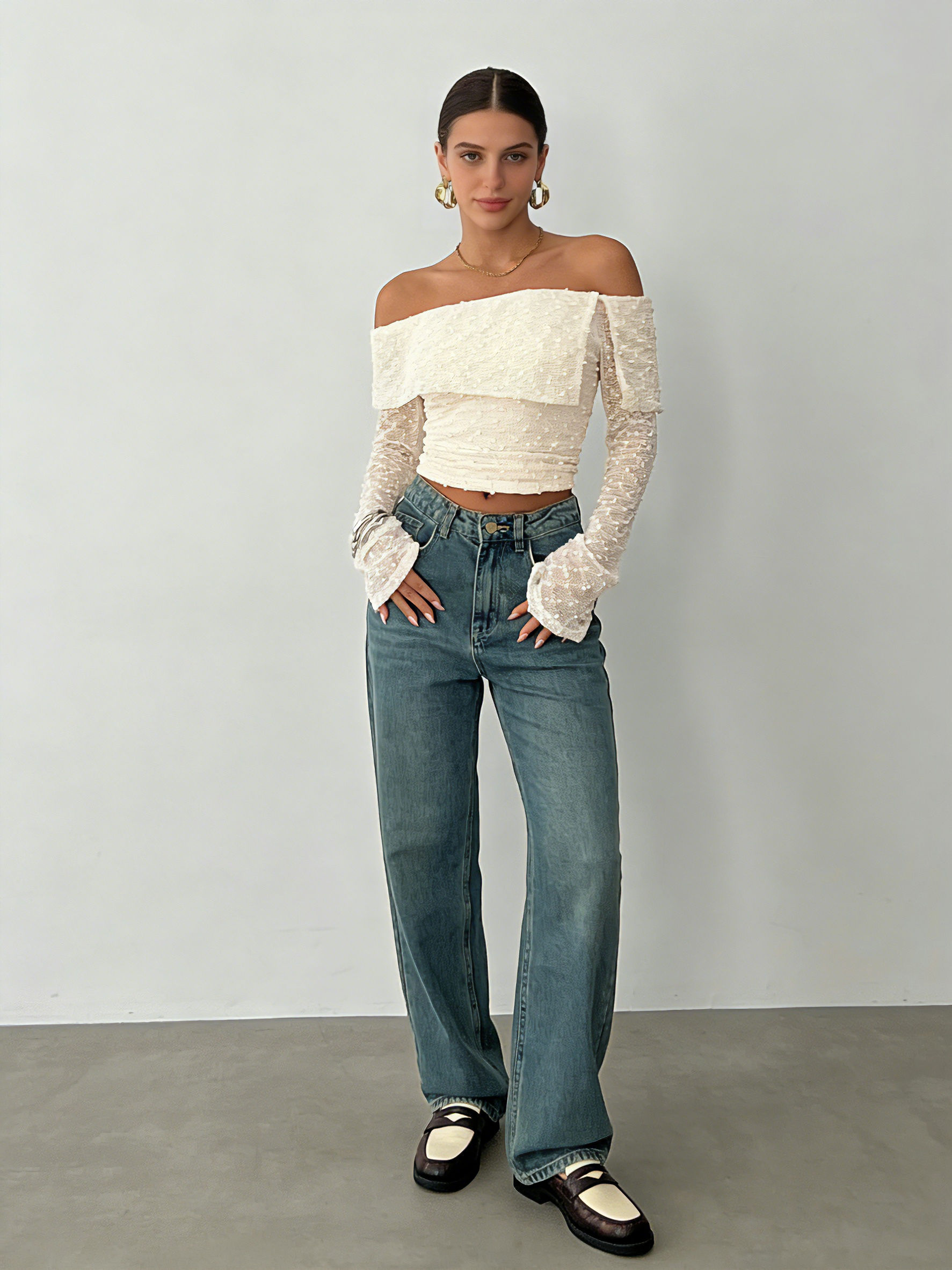 TWOTWINSTYLE Solid Off Shoulder Long Sleeve Designer Shirt