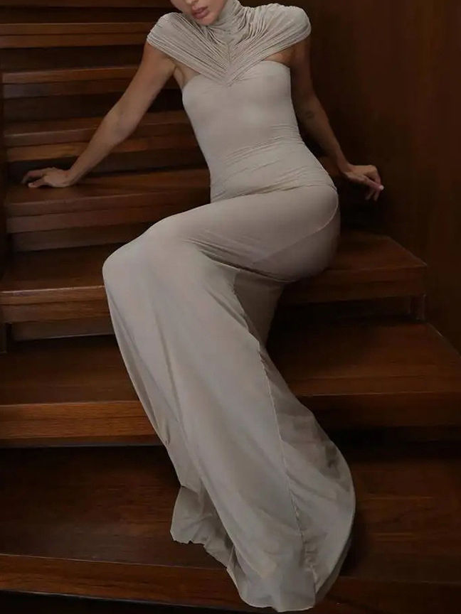 TWOTWINSTYLE Solid Turtleneck Sleeveles Slimming Dress