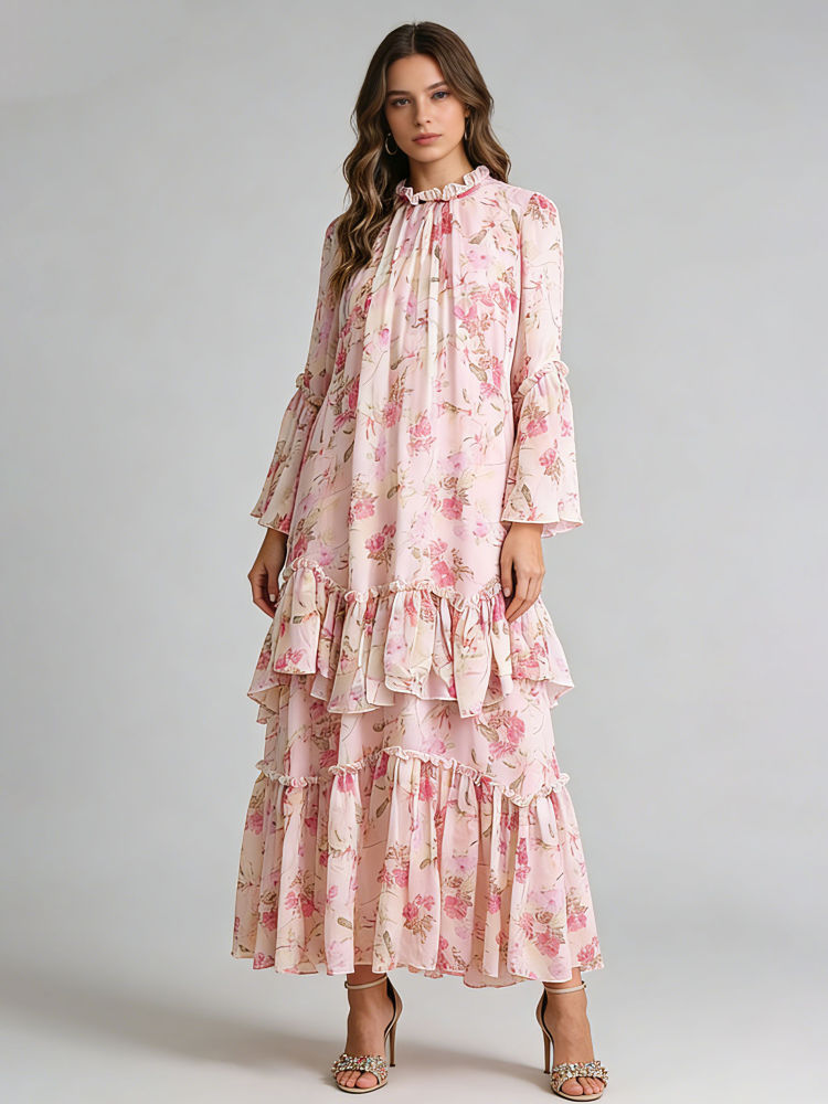 TWOTWINSTYLE Stand Collar Patchwork Ruffles Designer Dress