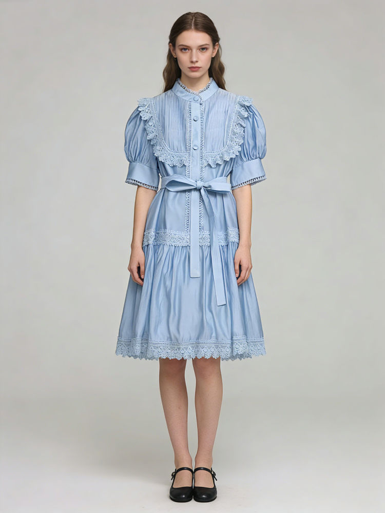 TWOTWINSTYLE Stand Collar Puff Sleeve High Waist Chic Dress