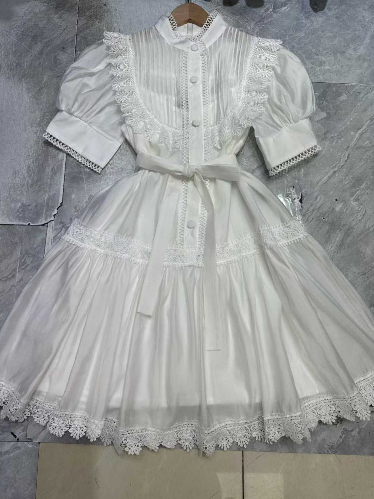 TWOTWINSTYLE Stand Collar Puff Sleeve High Waist Chic Dress