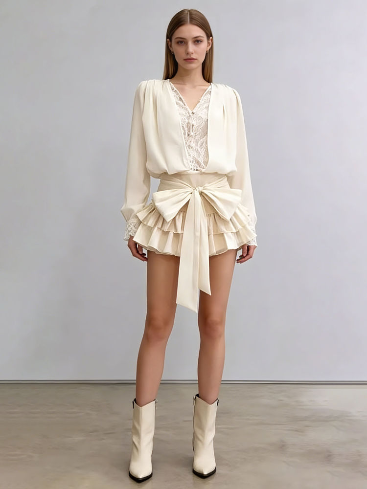 TWOTWINSTYLE V Neck Long Sleeve Spliced Bowknot Fashion Dress