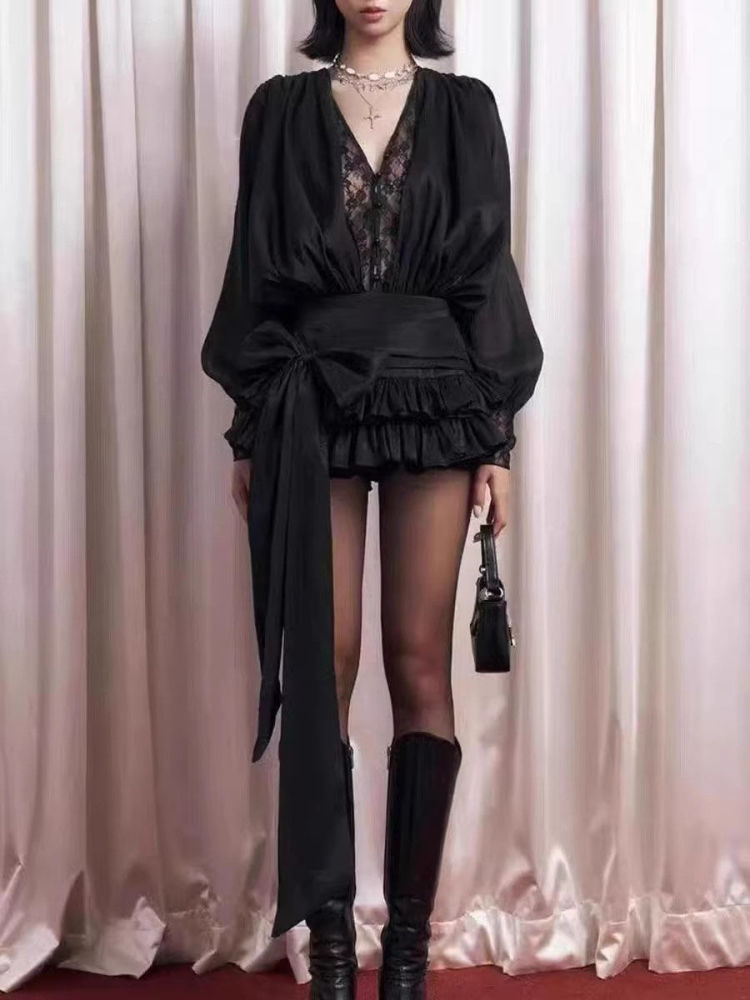 TWOTWINSTYLE V Neck Long Sleeve Spliced Bowknot Fashion Dress