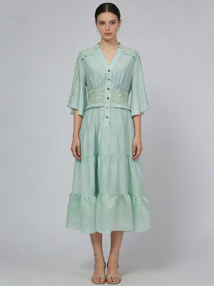 TWOTWINSTYLE V Neck Tunic Spliced Mesh Designer Dress