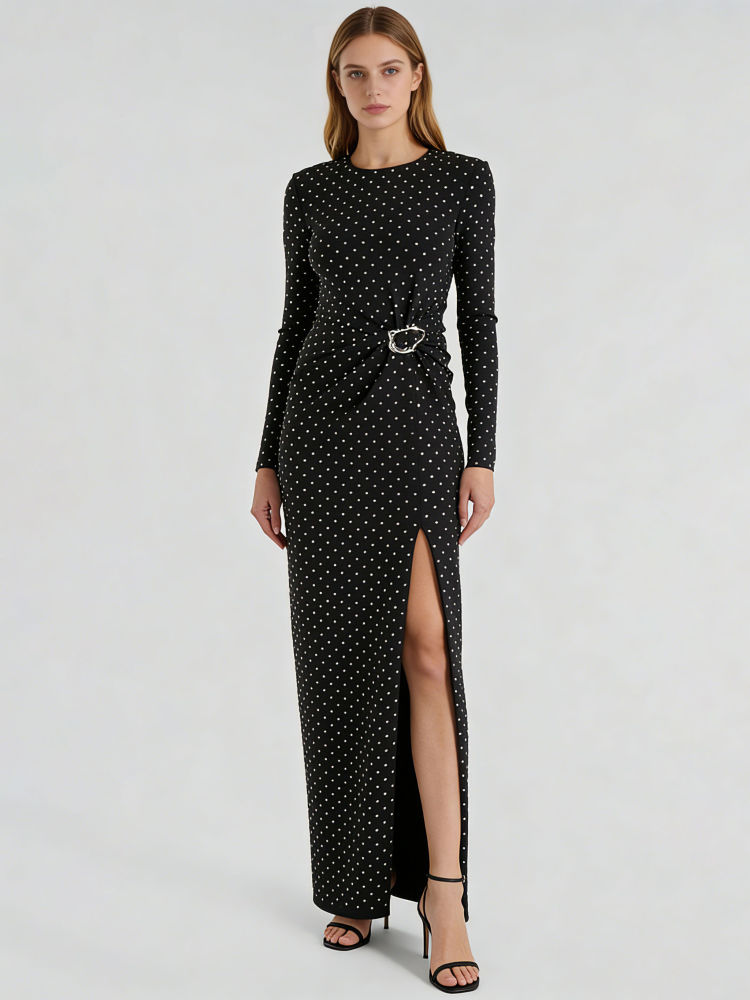 TWOTWINSTYLE Round Neck Wave Point Side Split Chic Dress