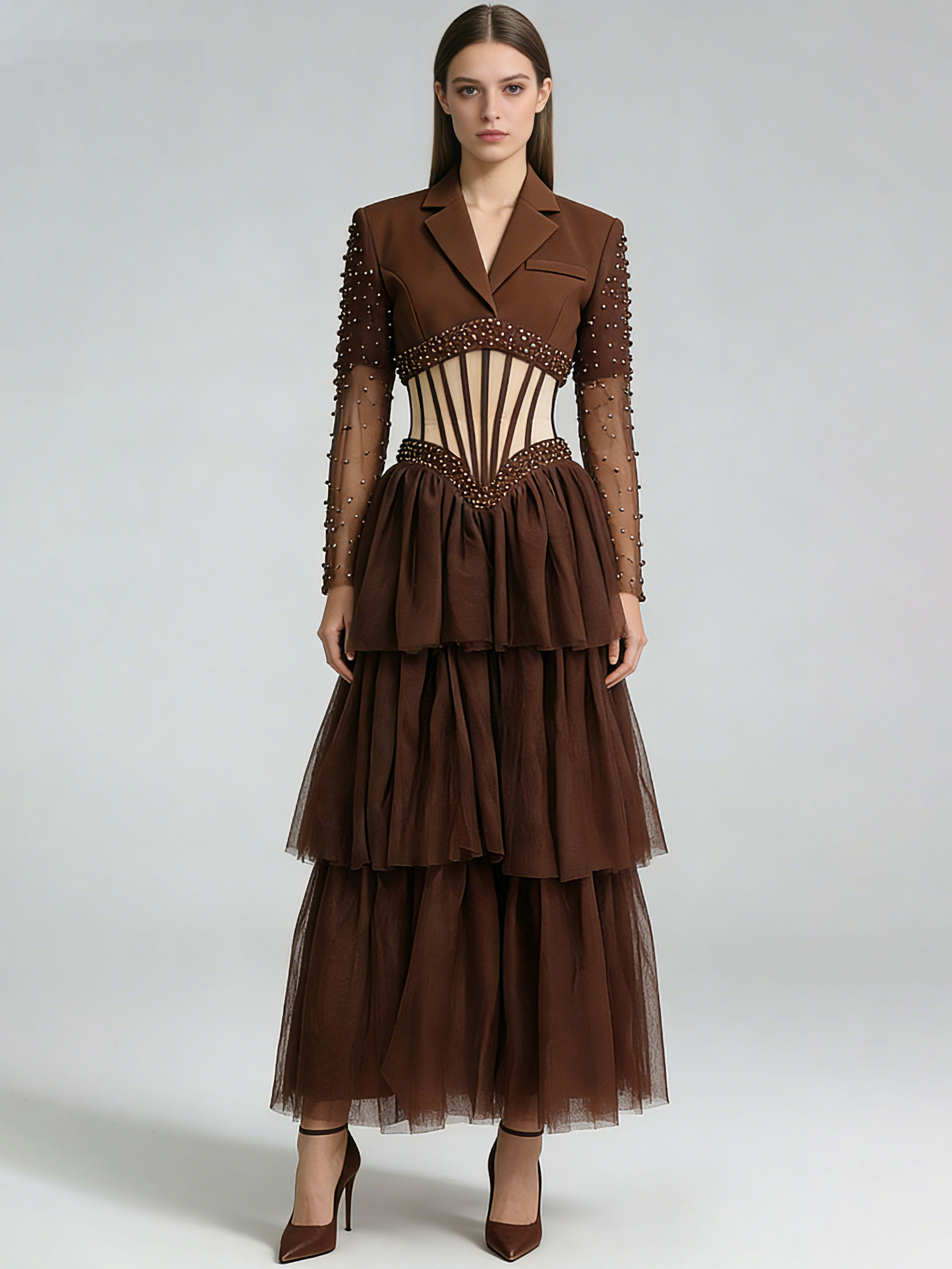 TWOTWINSTYLE Lapel Patchwork Steel Ball Hollow Out Vintage Dress