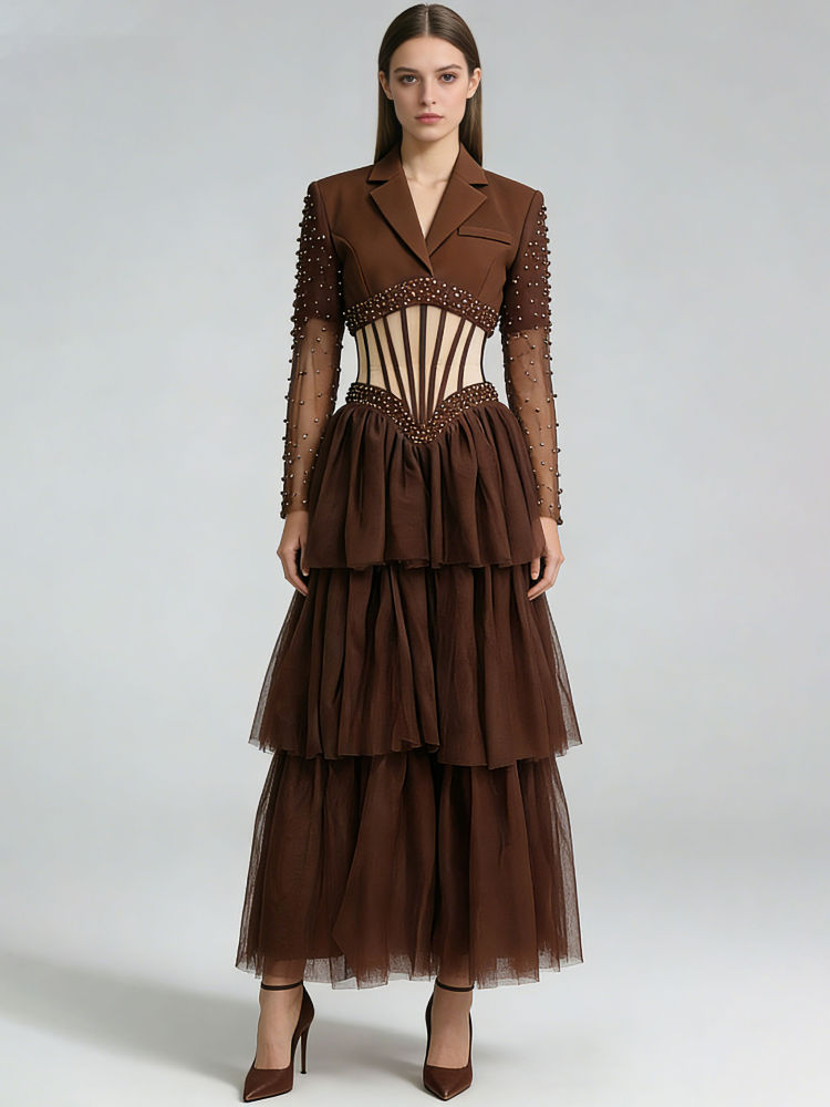 TWOTWINSTYLE Lapel Patchwork Steel Ball Hollow Out Vintage Dress