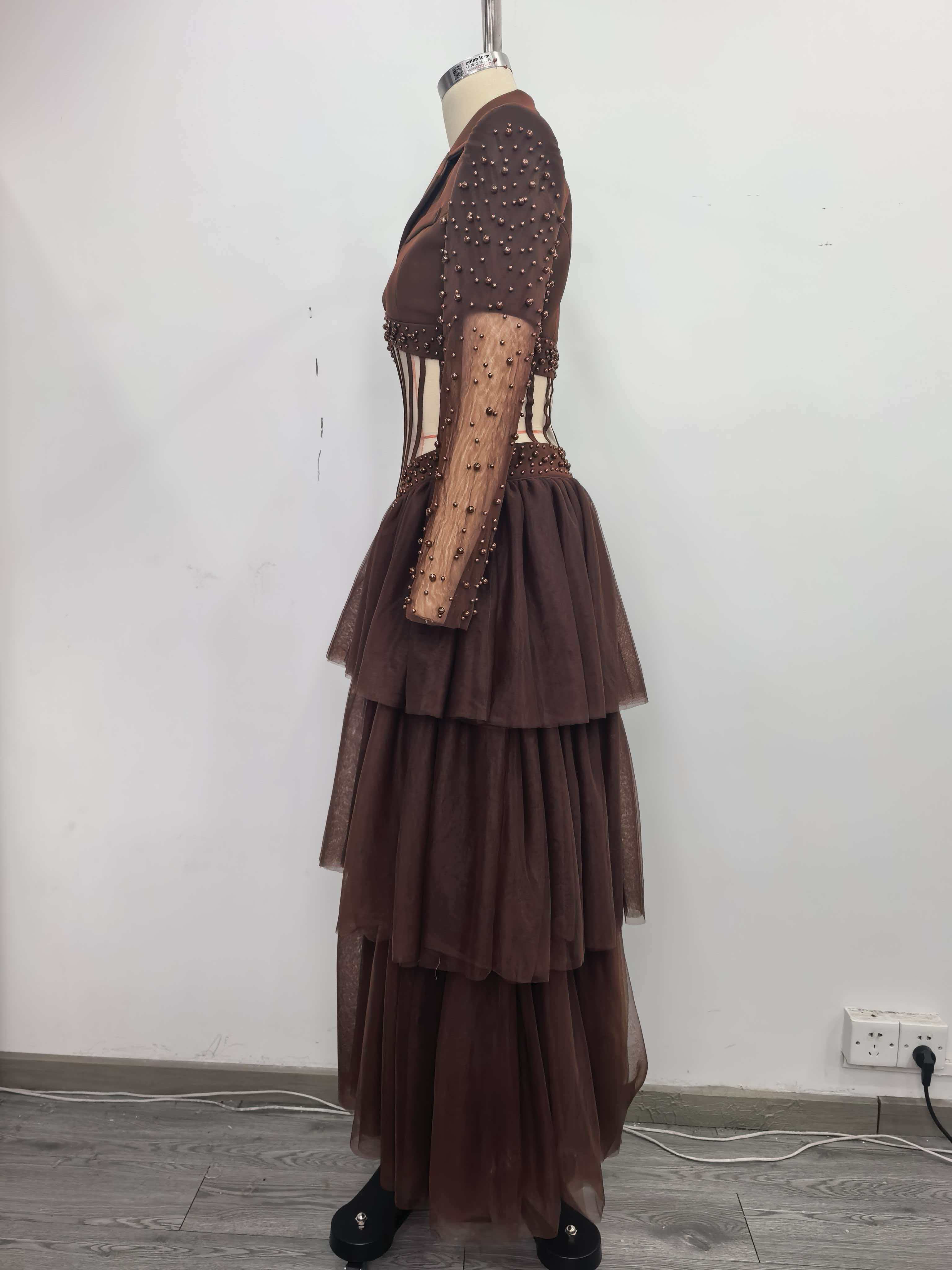 TWOTWINSTYLE Lapel Patchwork Steel Ball Hollow Out Vintage Dress
